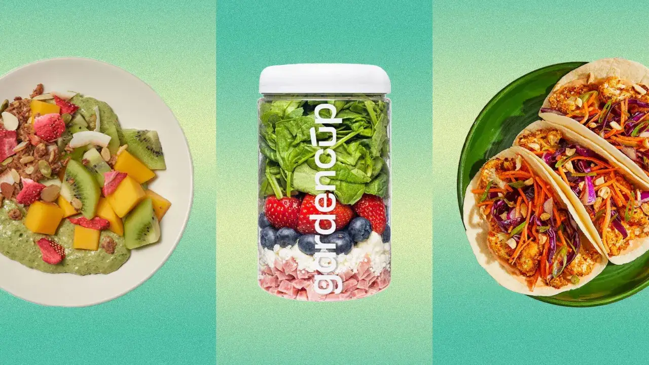 Świeże, kolorowe posiłki: smoothie bowl, warzywny słoik i tacos. Najlepszy catering dietetyczny w Warszawie dla zdrowego stylu życia.