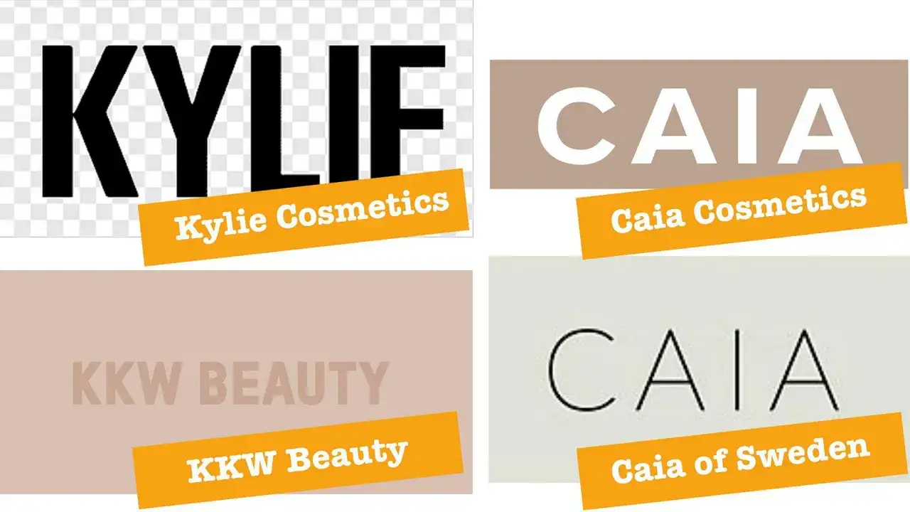Logotyper för Kylie Cosmetics, Caia Cosmetics, KKW Beauty och Caia of Sweden. Caia Cosmetics är ett svenskt märke.