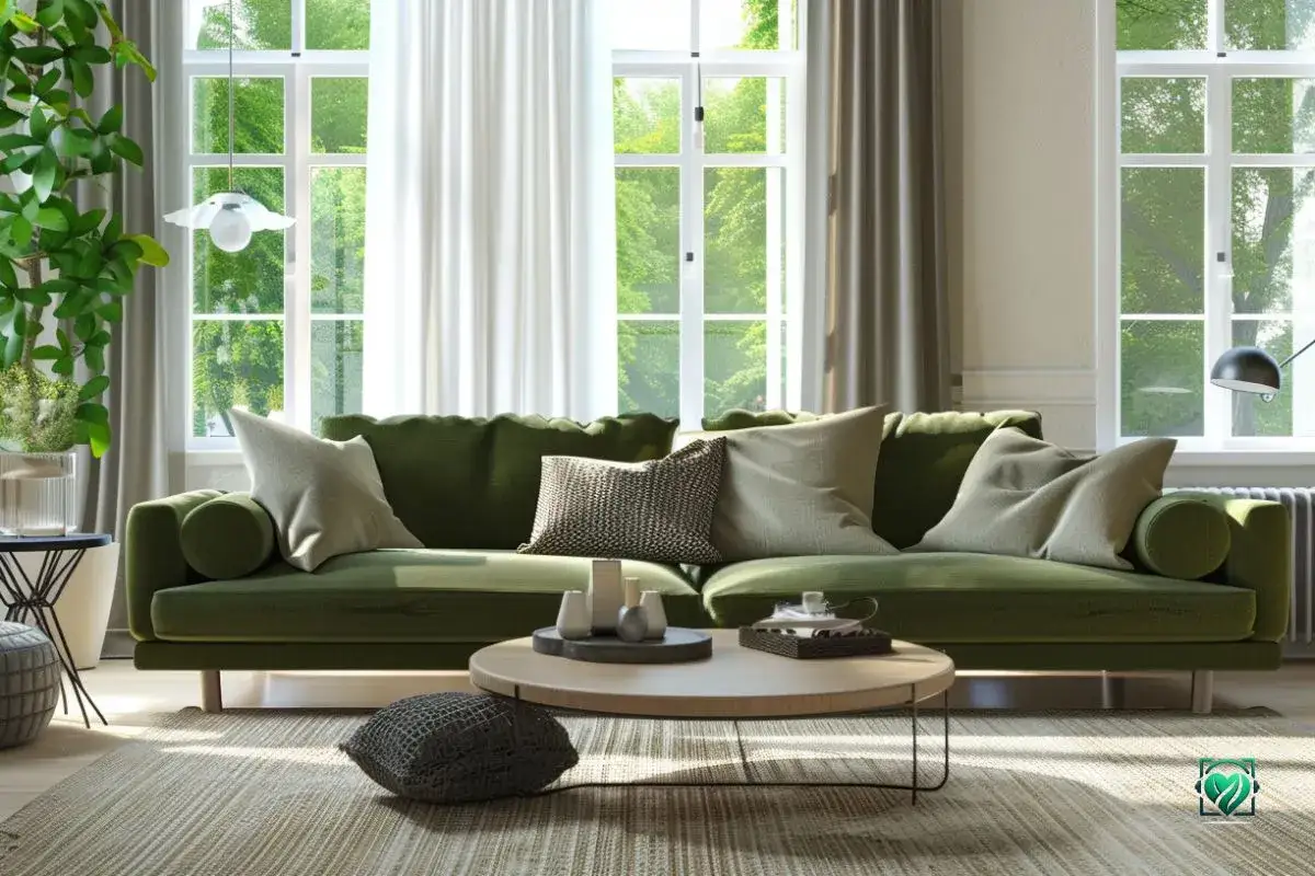 Gemütliches Wohnzimmer mit olivgrünem Sofa, das durch helle Kissen und einen Holztisch ergänzt wird. Hier sieht man, welche Farben passen zu olivgrün.