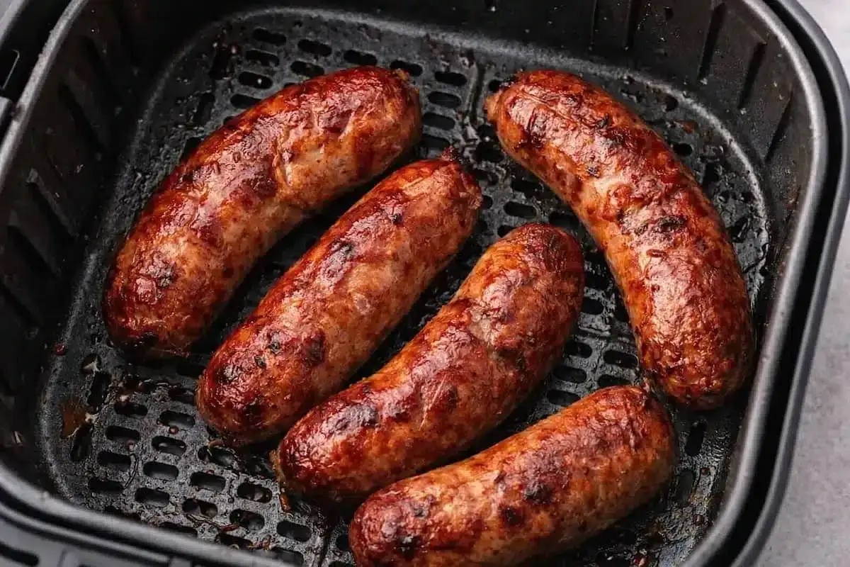 Salsiccia dorata e succulenta nella friggitrice ad aria, pronta per essere gustata.