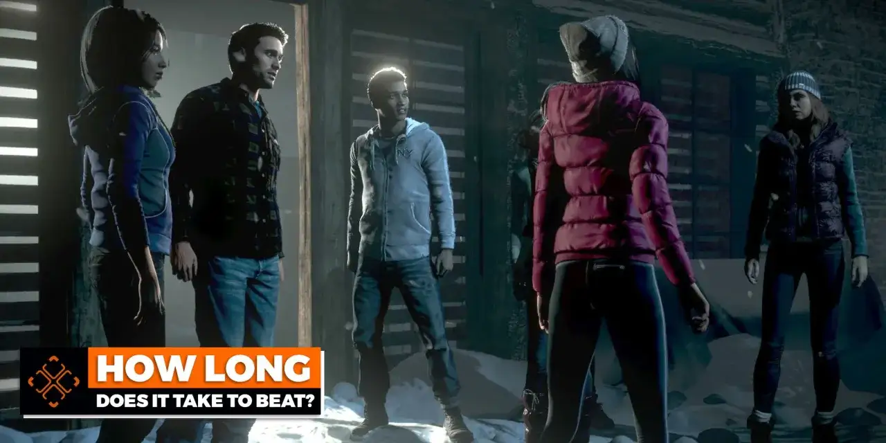 Grupa przyjaciół w zimowej scenerii, zastanawiająca się nad tym, jak długo trwa gra Until Dawn.