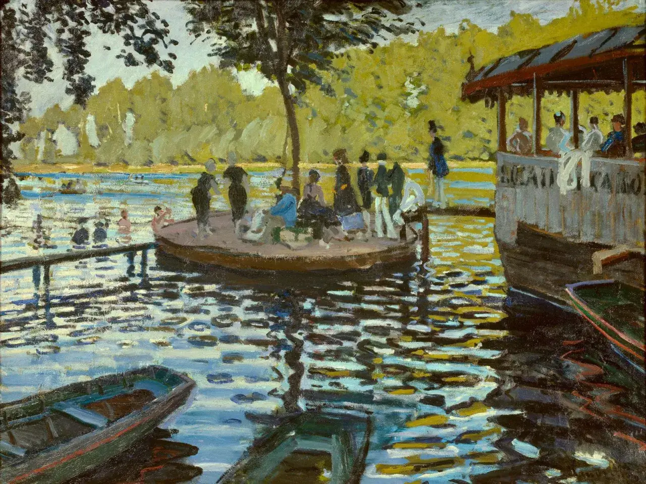 Letnia scena nad rzeką, ludzie na łodziach i pomoście. Claude Monet, jeden z najsłynniejszych malarzy impresjonistów, uchwycił ruch i światło.