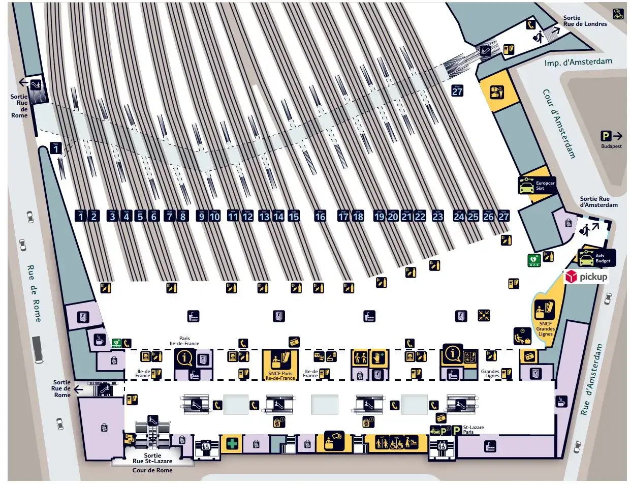 Plan de la gare Saint-Lazare, montrant les quais numérotés de 1 à 27, les sorties et les services.