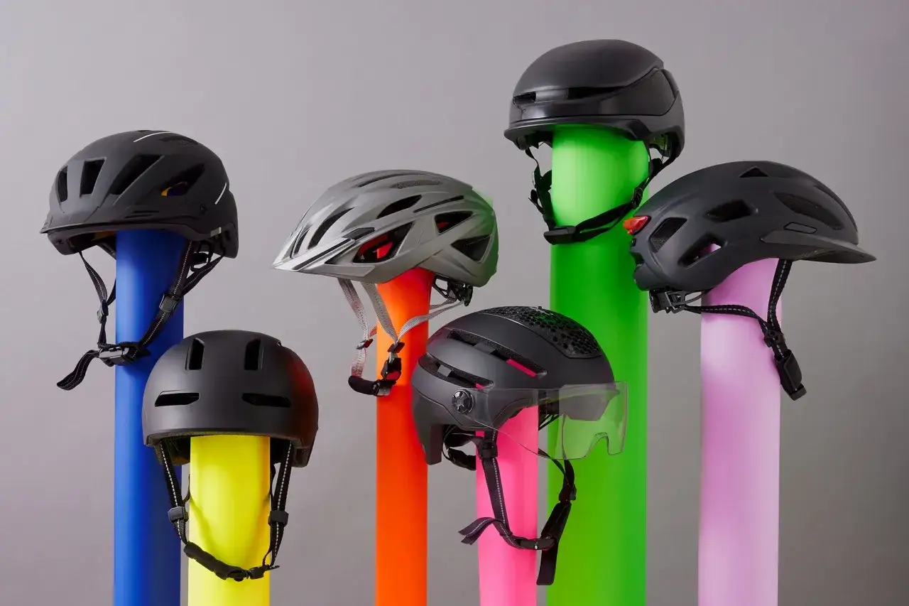 Unterschied Fahrradhelm Skaterhelm: Sechs Helme in verschiedenen Farben und Designs, von sportlich bis urban, auf bunten St&auml;ndern arrangiert.