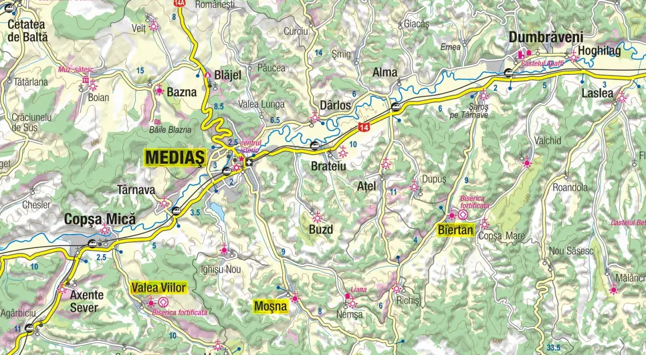 Mapa pokazuje region Transylwania, gdzie jest Medias, Sighisoara i inne miejscowości.