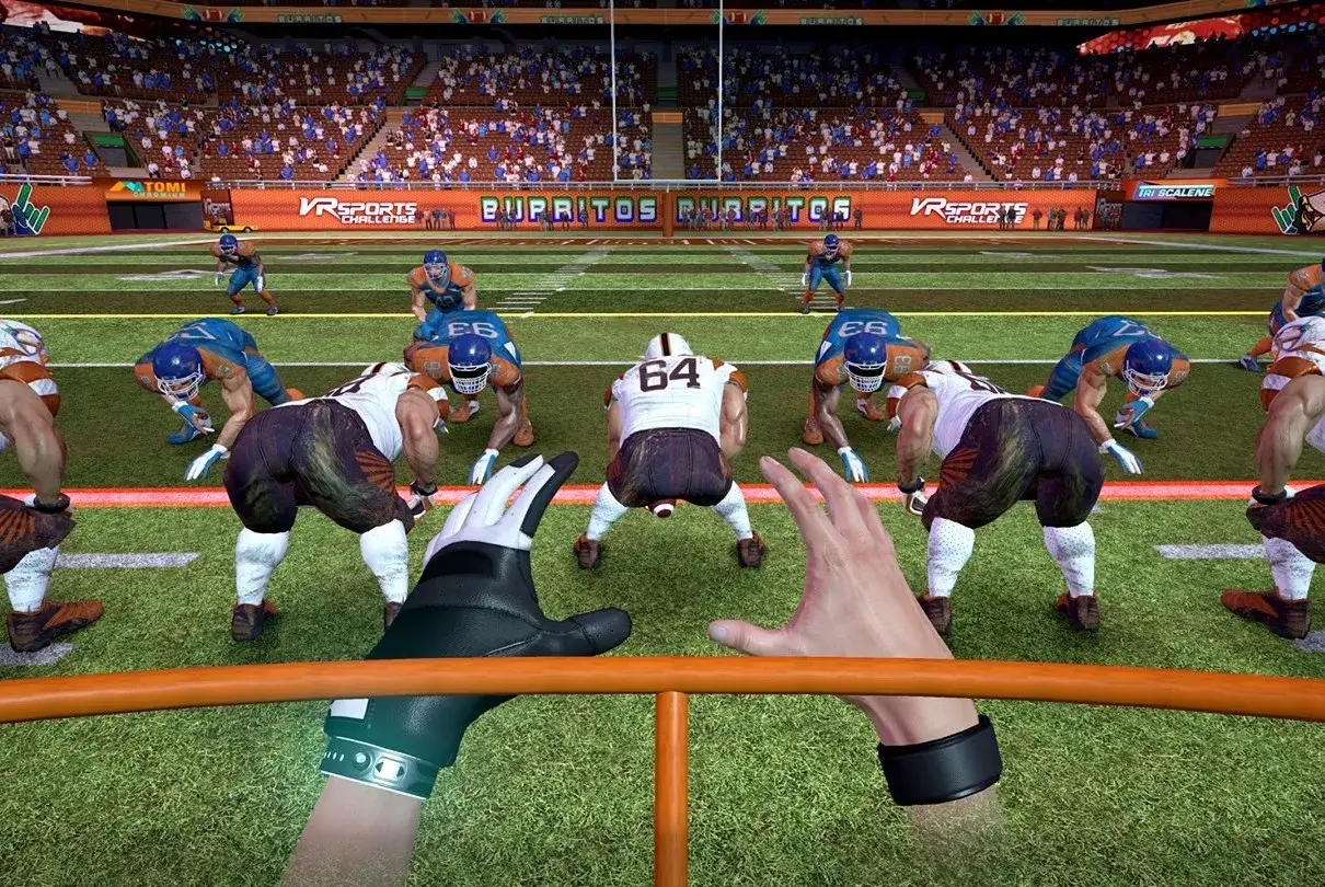 Gracze wirtualnego futbolu amerykańskiego, jak w grze fifa 2k, szykują się do akcji na boisku.