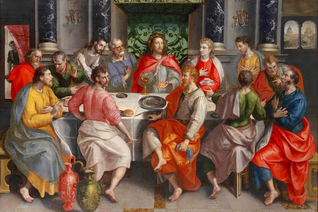 Jesus and his disciples at the Last Supper, a scene often depicted in different types of churches, with ornate architecture and rich fabrics.