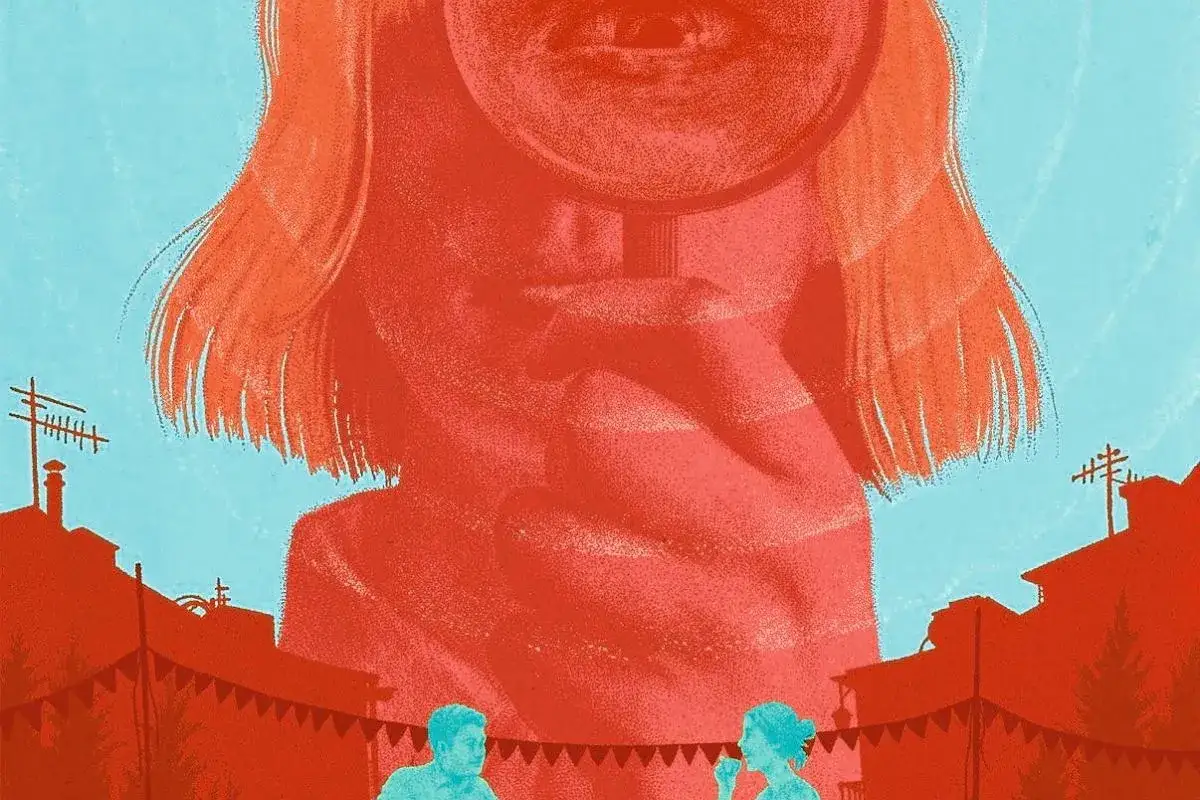 Wielka, czerwona twarz z lupą nad okiem obserwuje parę na dole. Ona pije, on patrzy. Nie jesteśmy razem, a on jest zazdrosny.