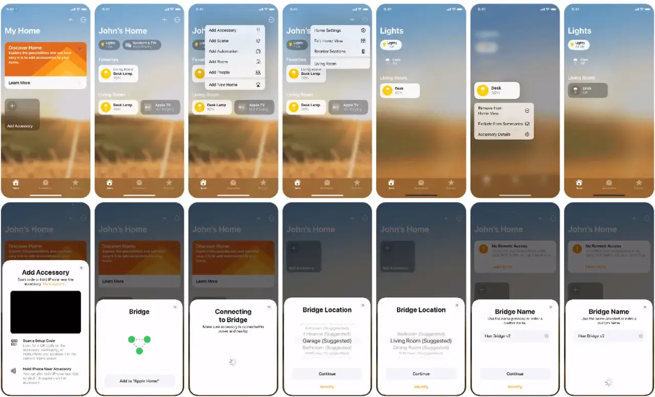 Application nice portail : captures d'&eacute;cran de l'application Home, montrant l'ajout d'un accessoire et la configuration d'un pont.