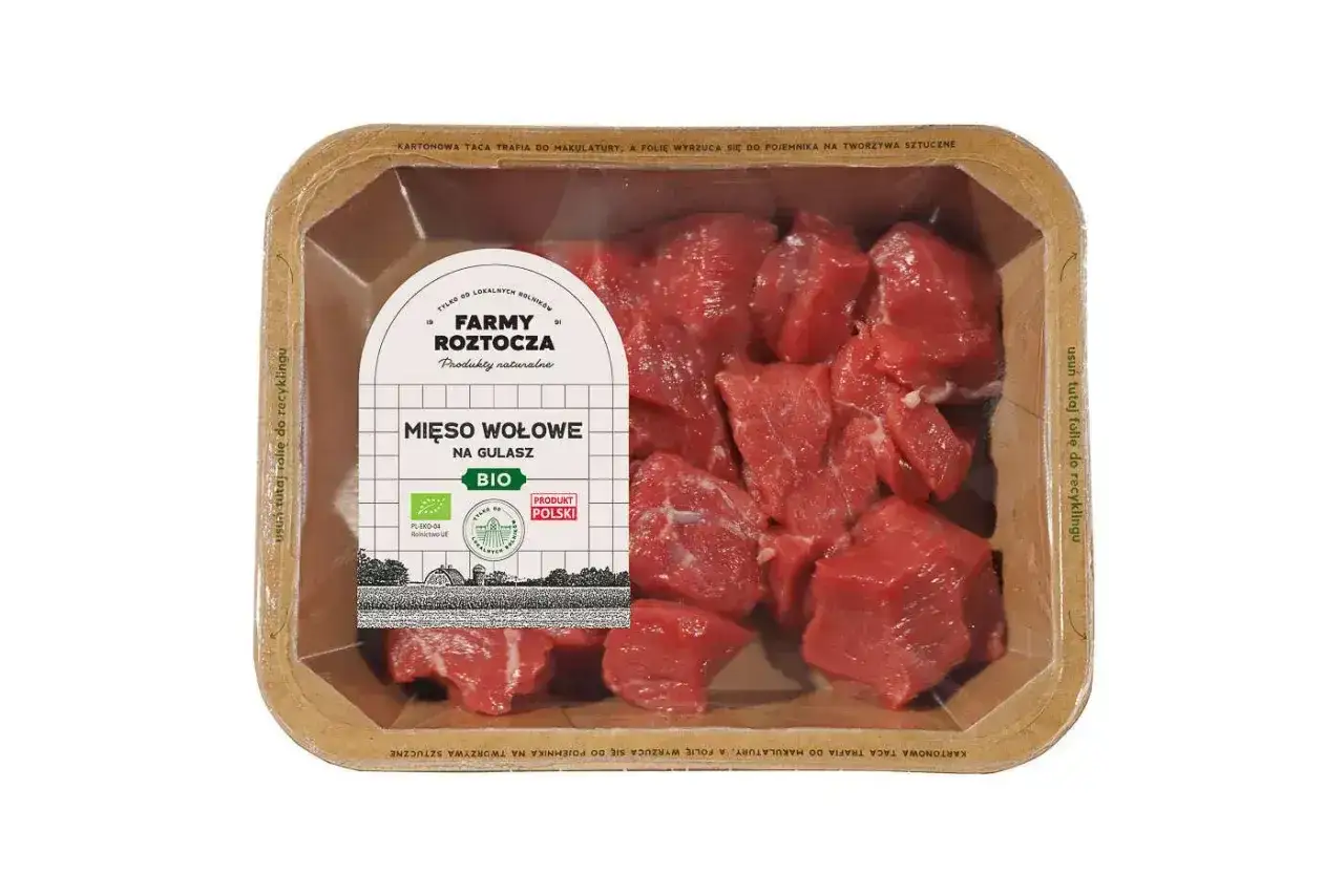 Mięso wołowe na gulasz z Farmy Roztocza. Idealne, soczyste kawałki, które sprawią, że Twój gulasz będzie wyśmienity. BIO i Produkt Polski.