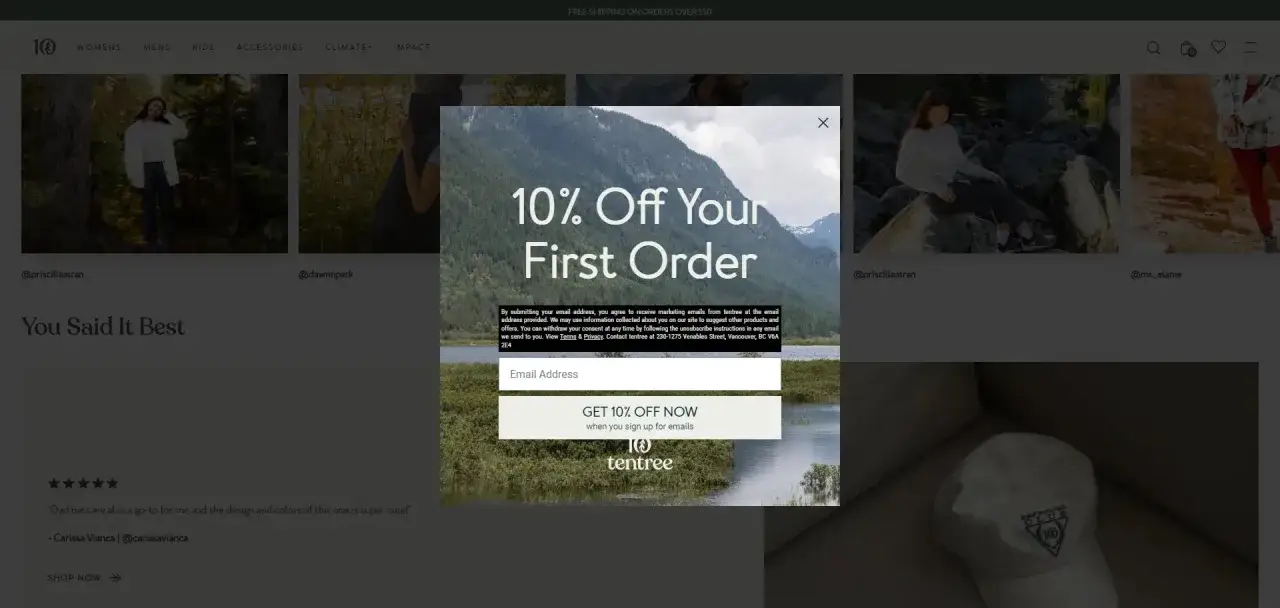Un pop-up ofrece 10% de descuento en tu primer pedido al suscribirte.