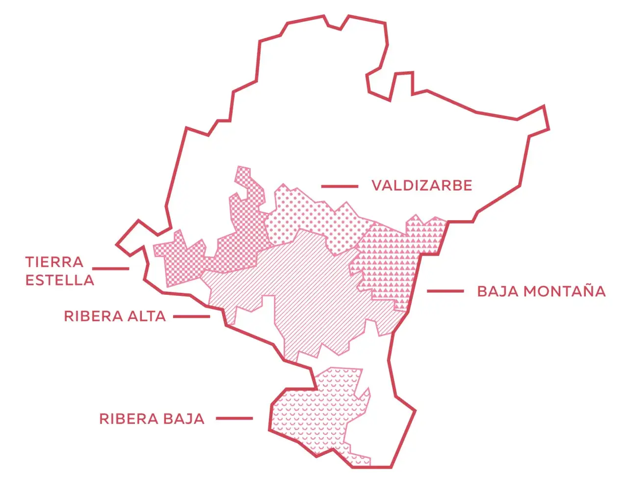 Mapa de las zonas de producción de vino de la D.O. Navarra: Valdizarbe, Baja Montaña, Ribera Alta, Ribera Baja y Tierra Estella.