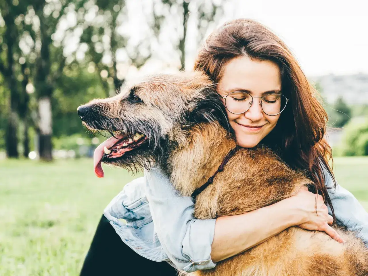 Una mujer abraza tiernamente a su perro, un fiel compañero que, como todos los perros viejos, irradia amor y sabiduría.