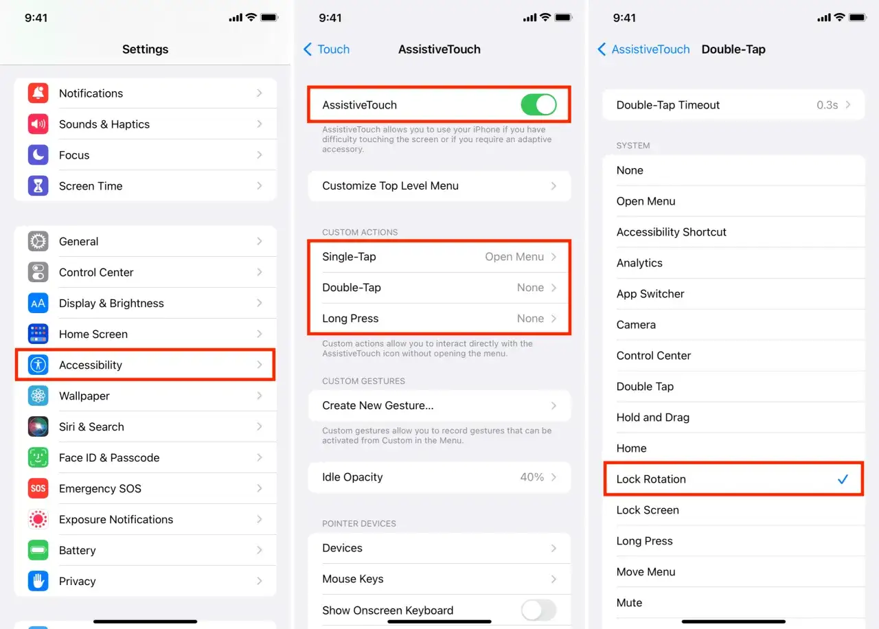 Ustawienia iPhone'a: jak obrócić ekran. Widok menu AssistiveTouch, gdzie zaznaczono 