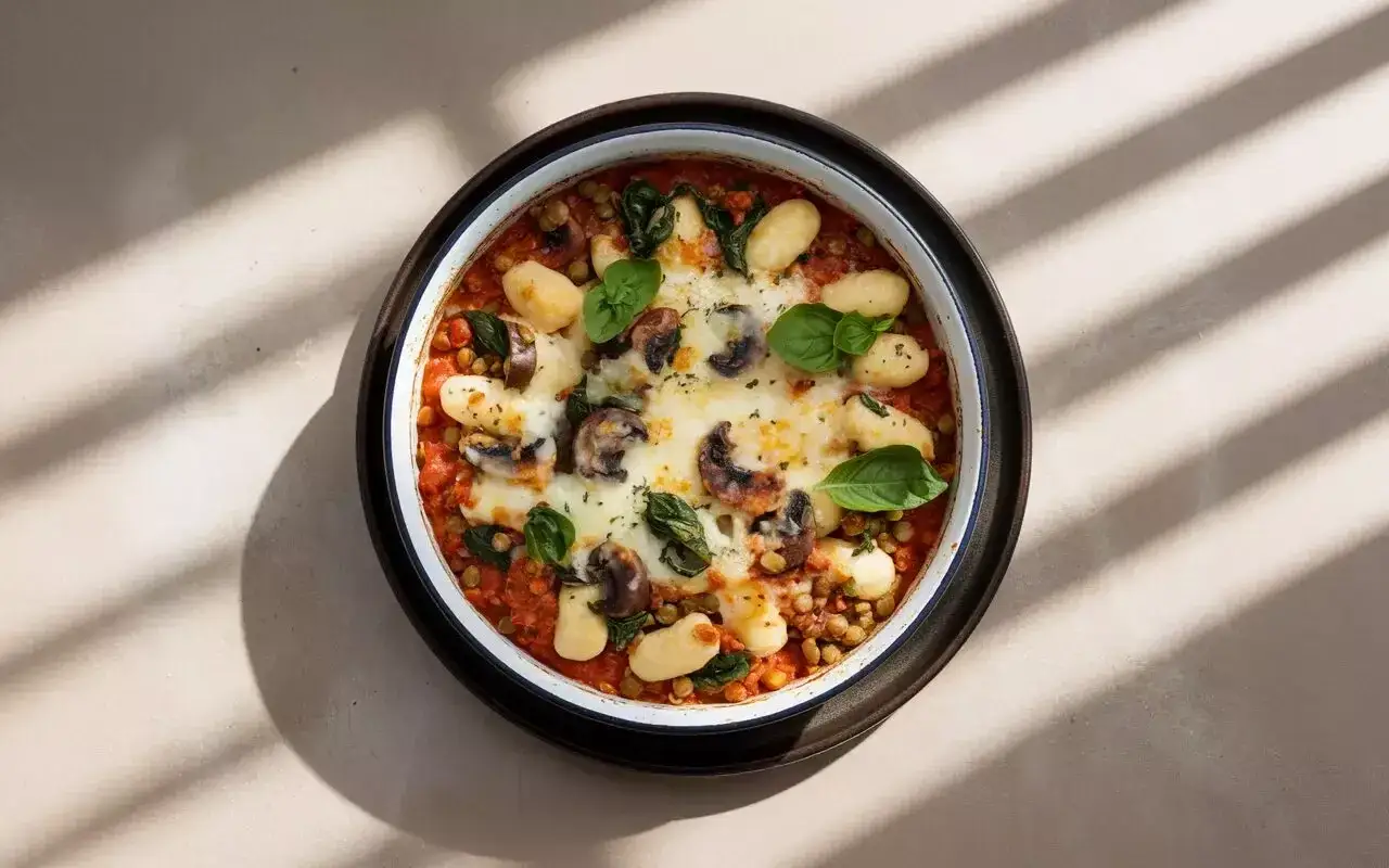Zapiekane gnocchi alla sorrentina z mozzarellą, pomidorami, szpinakiem i grzybami, udekorowane bazylią.