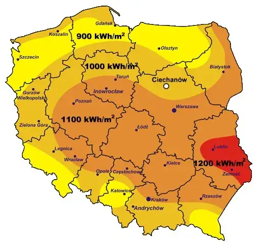 Mapa nasłonecznienia Polski fotowoltaika kWh/m2