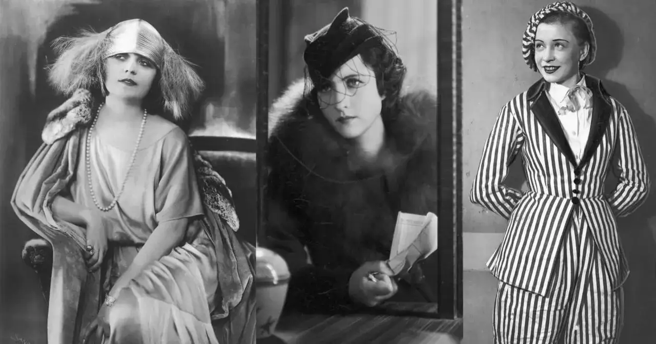 Trzy kobiety w stylu glamour film polski: w piórzastej chuście, futrze i welonie, oraz w pasiastym kostiumie.