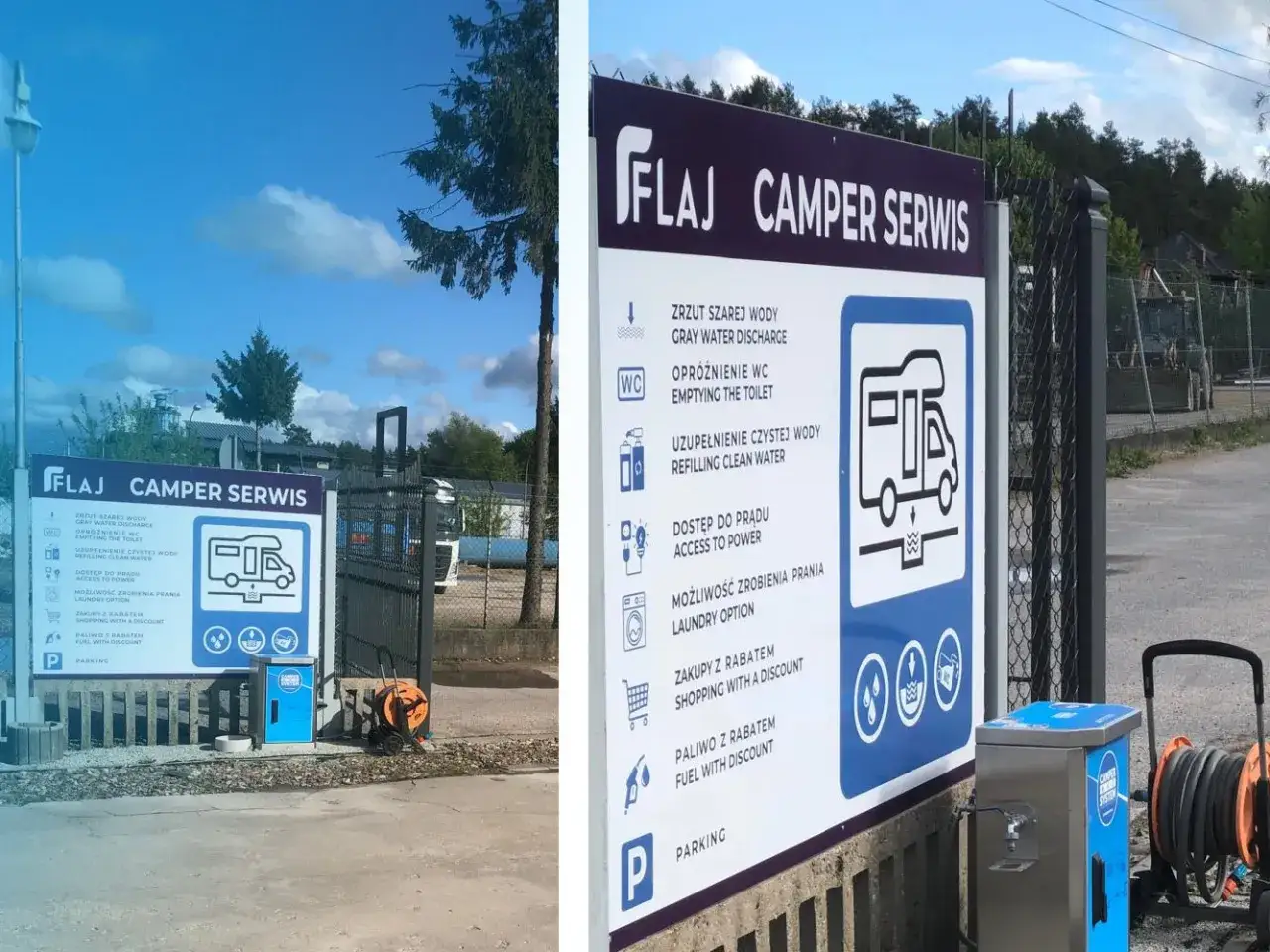 Nowoczesna **area sosta camper** z usługami: zrzut szarej wody, opróżnianie toalety, uzupełnianie czystej wody, prąd, pranie, zakupy i paliwo z rabatem.