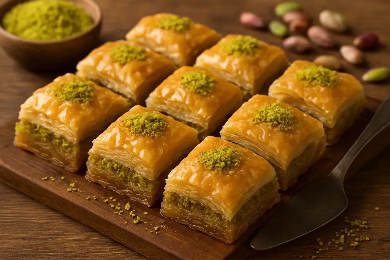 Słodka baklawa kontra chałwa - która wygra? Na drewnianej desce ułożono rzędy baklawy posypanej pistacjami.