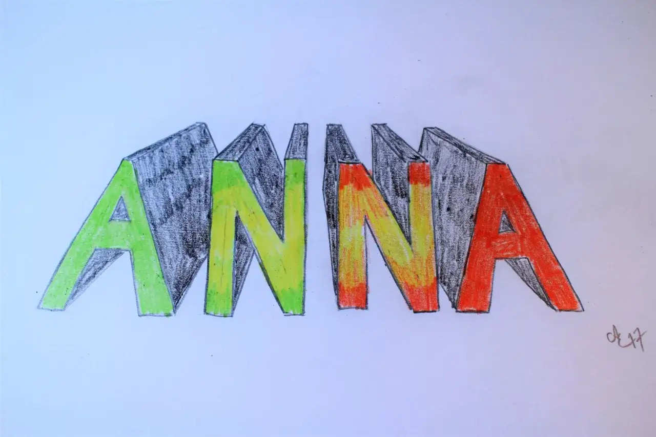 En 3D-ritning av namnet ANNA. Bokstäverna är färgade i grönt, gult och rött med svarta skuggor.