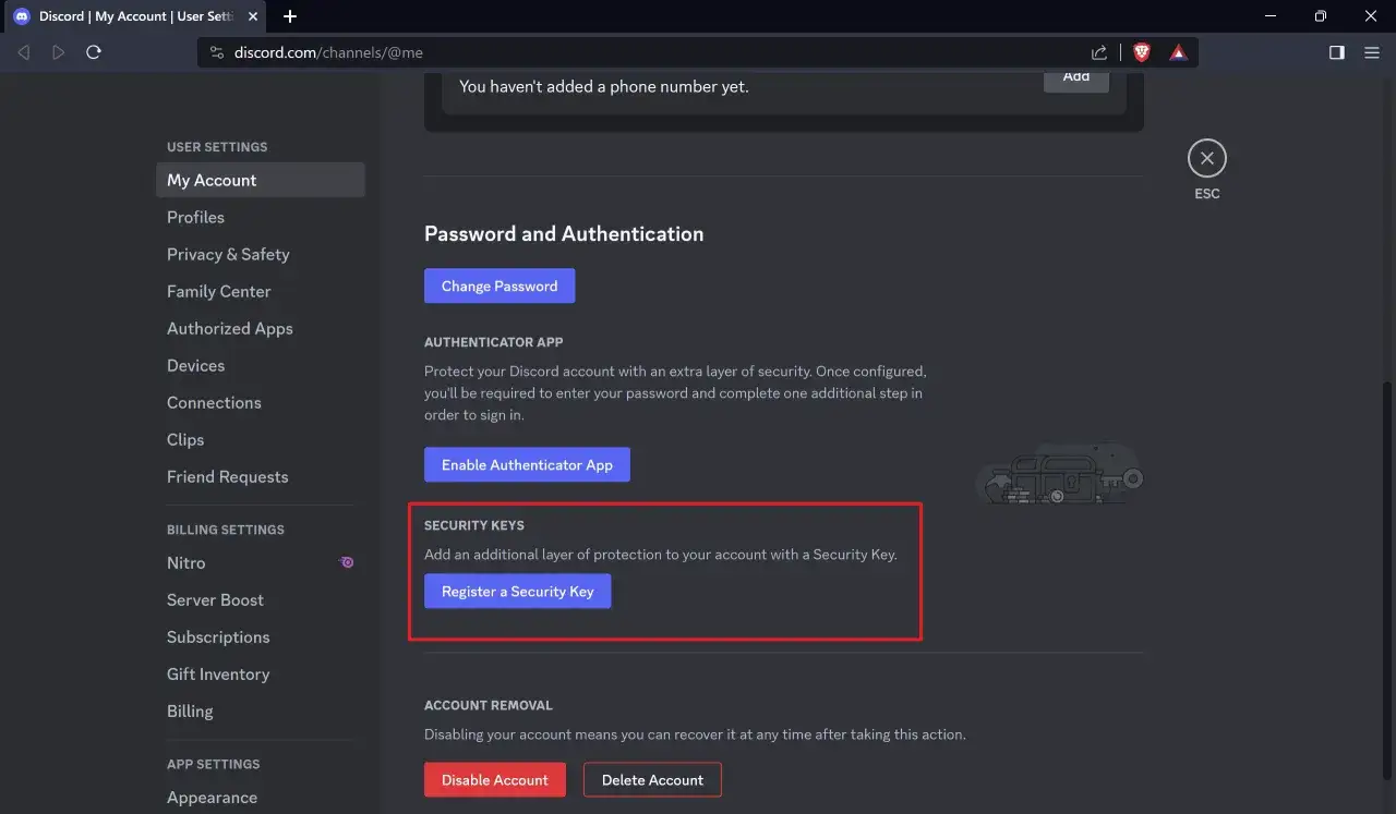 Ustawienia konta Discord, sekcja