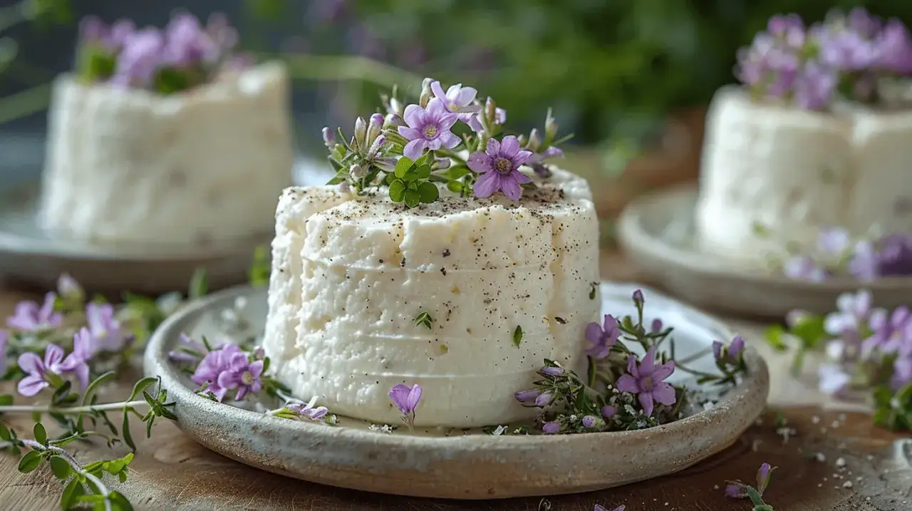 Petits fromages blancs décorés de fleurs violettes, rappelant les ricotta bienfaits pour une dégustation printanière.
