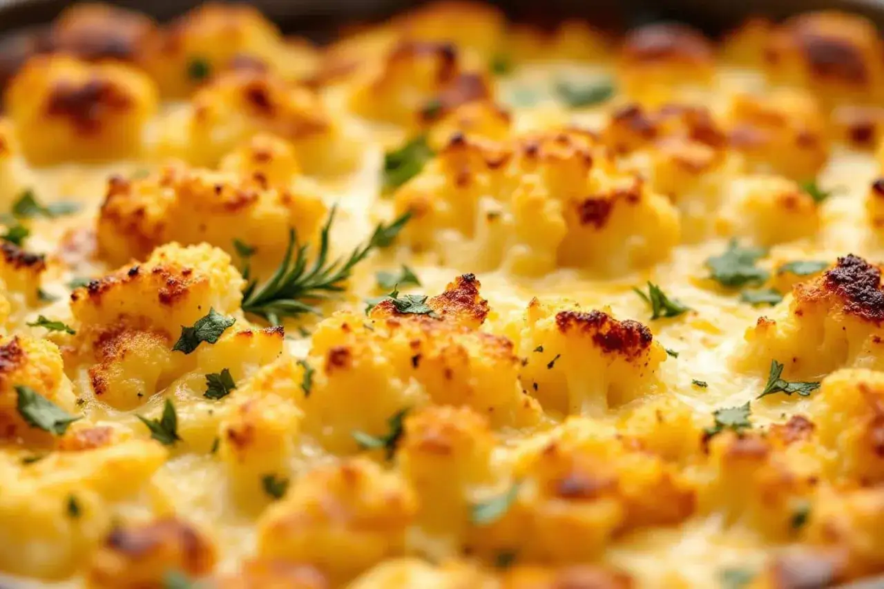 Chou-fleur gratiné, doré et crémeux, garni de persil frais. Une recette chou fleur réconfortante et savoureuse.
