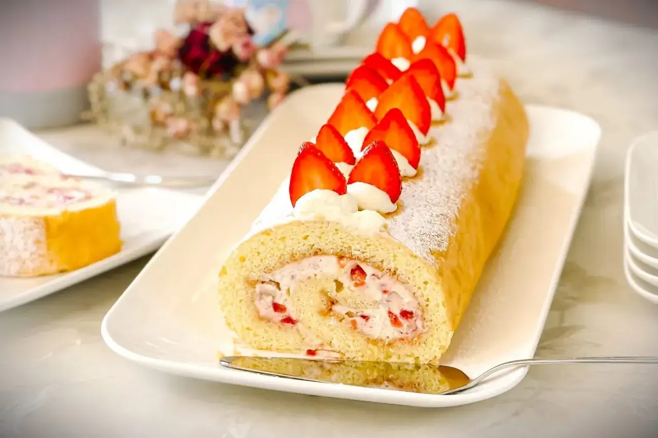 Eine köstliche Biskuitrolle mit Erdbeerfüllung, verziert mit frischen Erdbeeren und Sahnetupfern. Ein Klassiker, der an die Biskuitrolle Landfrauen erinnert.