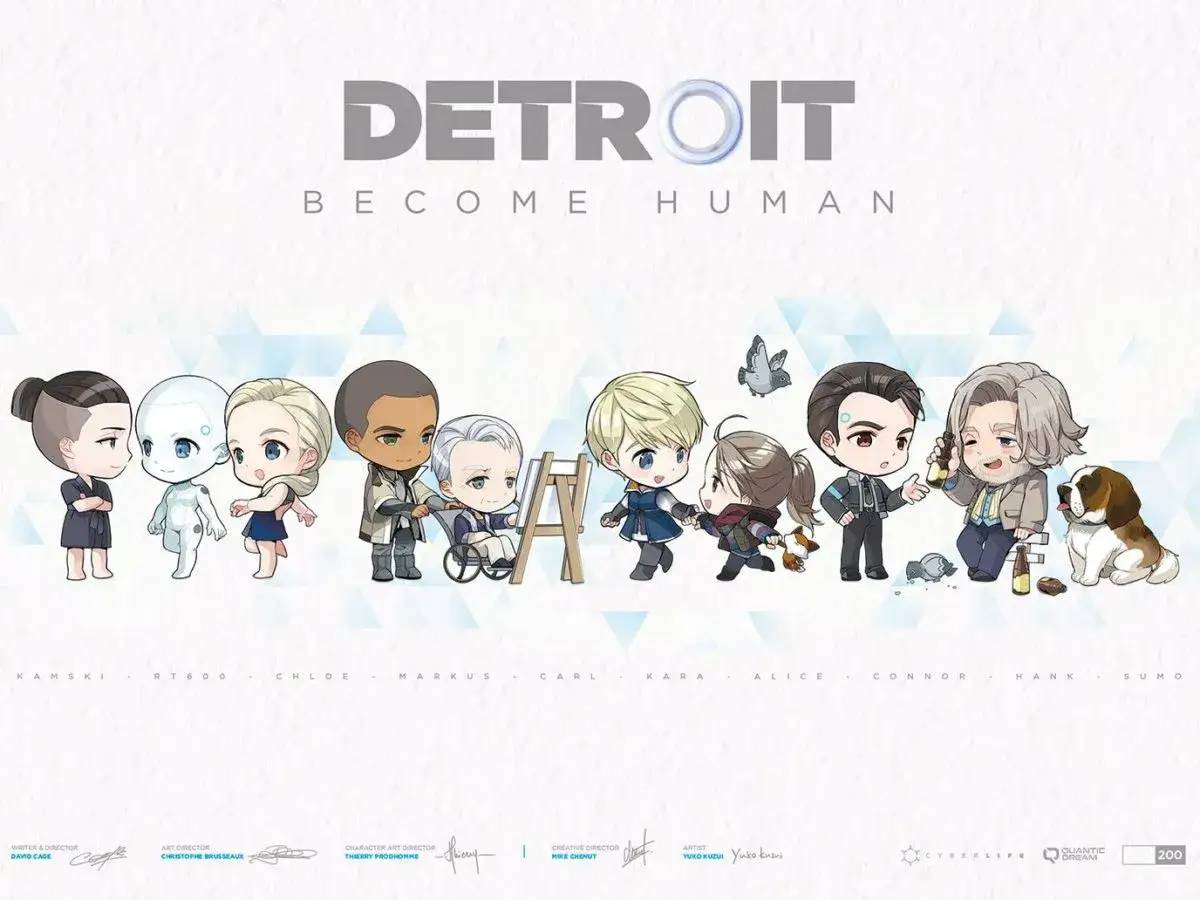 Urocze postacie z Detroit: Become Human 2, w tym Kara, Alice, Connor i Hank, w stylu chibi.