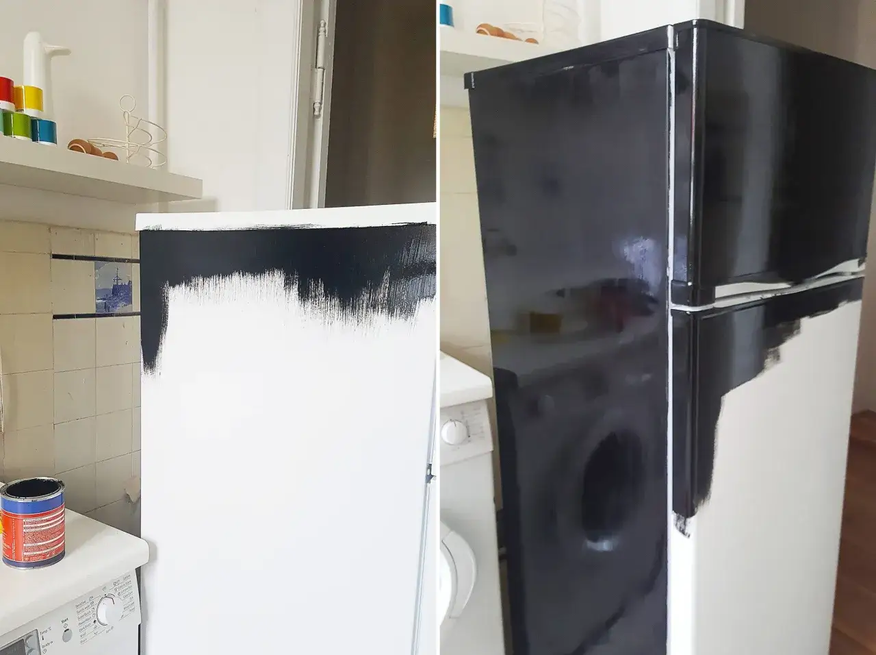 En burk med svart färg står bredvid en tvättmaskin. Kylskåpet är halvmålat, med en vit sida och en svart sida som håller på att målas.