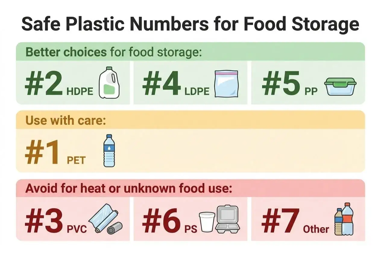 Guide to safe plastic numbers for food storage. #2, #4, and #5 are better choices for non toxic plastic food containers.