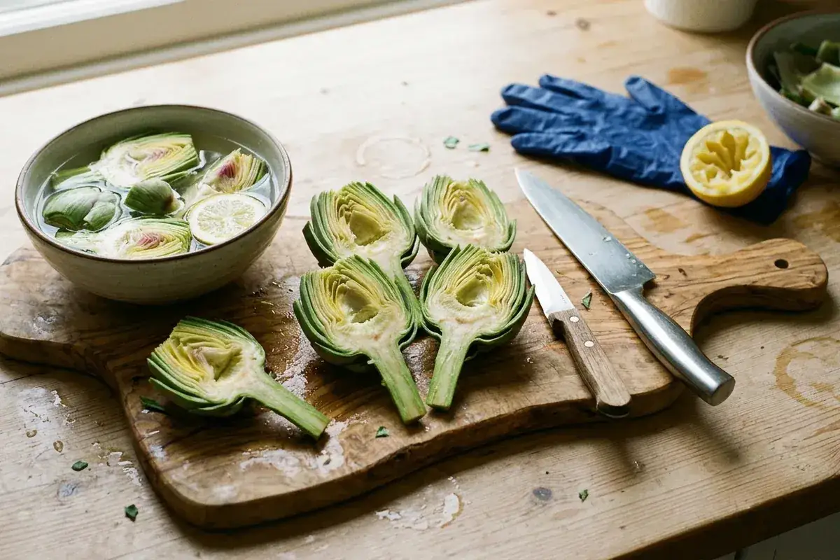 Carciofi al forno morbidi pronti per essere cucinati, tagliati a metà su un tagliere di legno con limone, guanti e coltelli.
