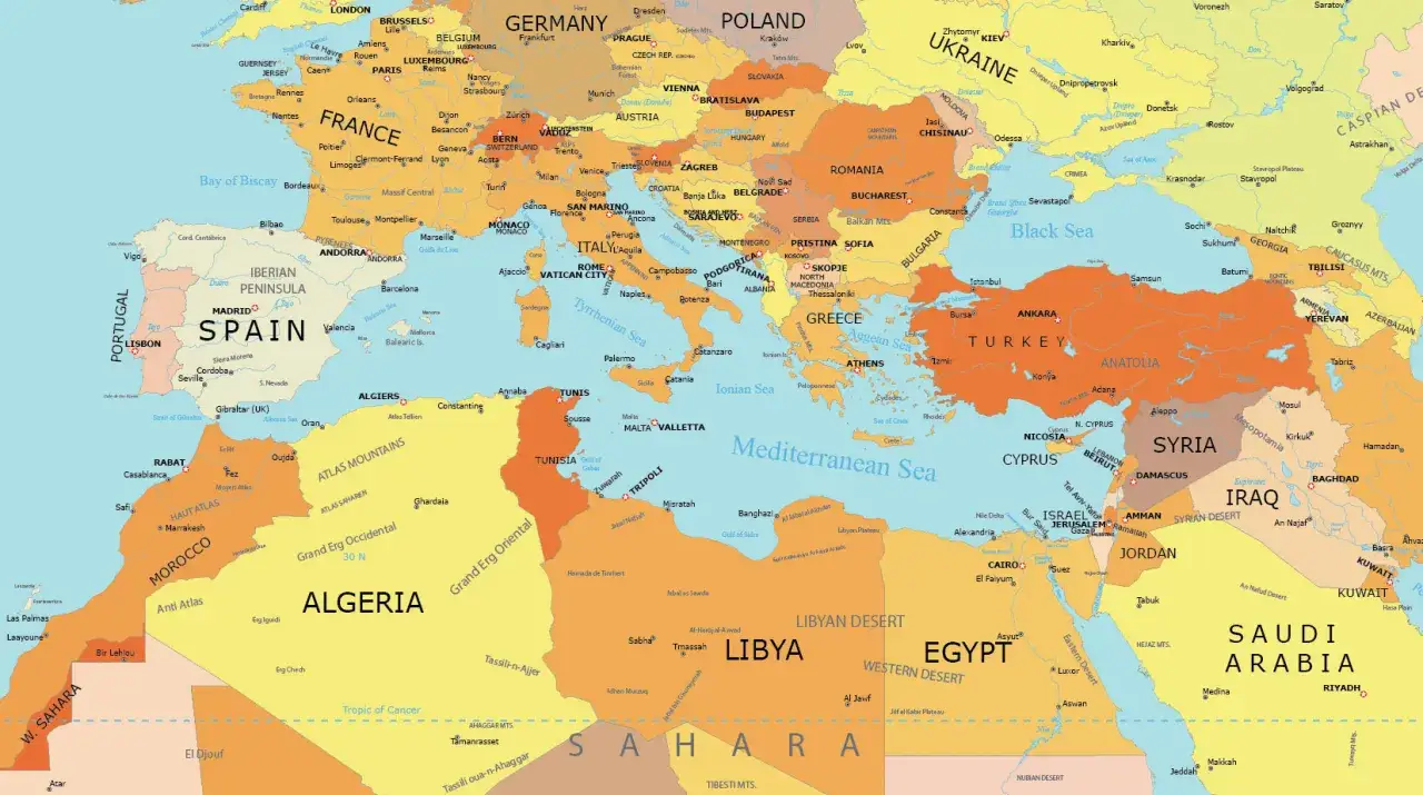 Kraje wokół Morza Śródziemnego: Hiszpania, Francja, Włochy, Grecja, Turcja, Cypr, Syria, Liban, Izrael, Egipt, Libia, Tunezja, Algieria, Maroko.