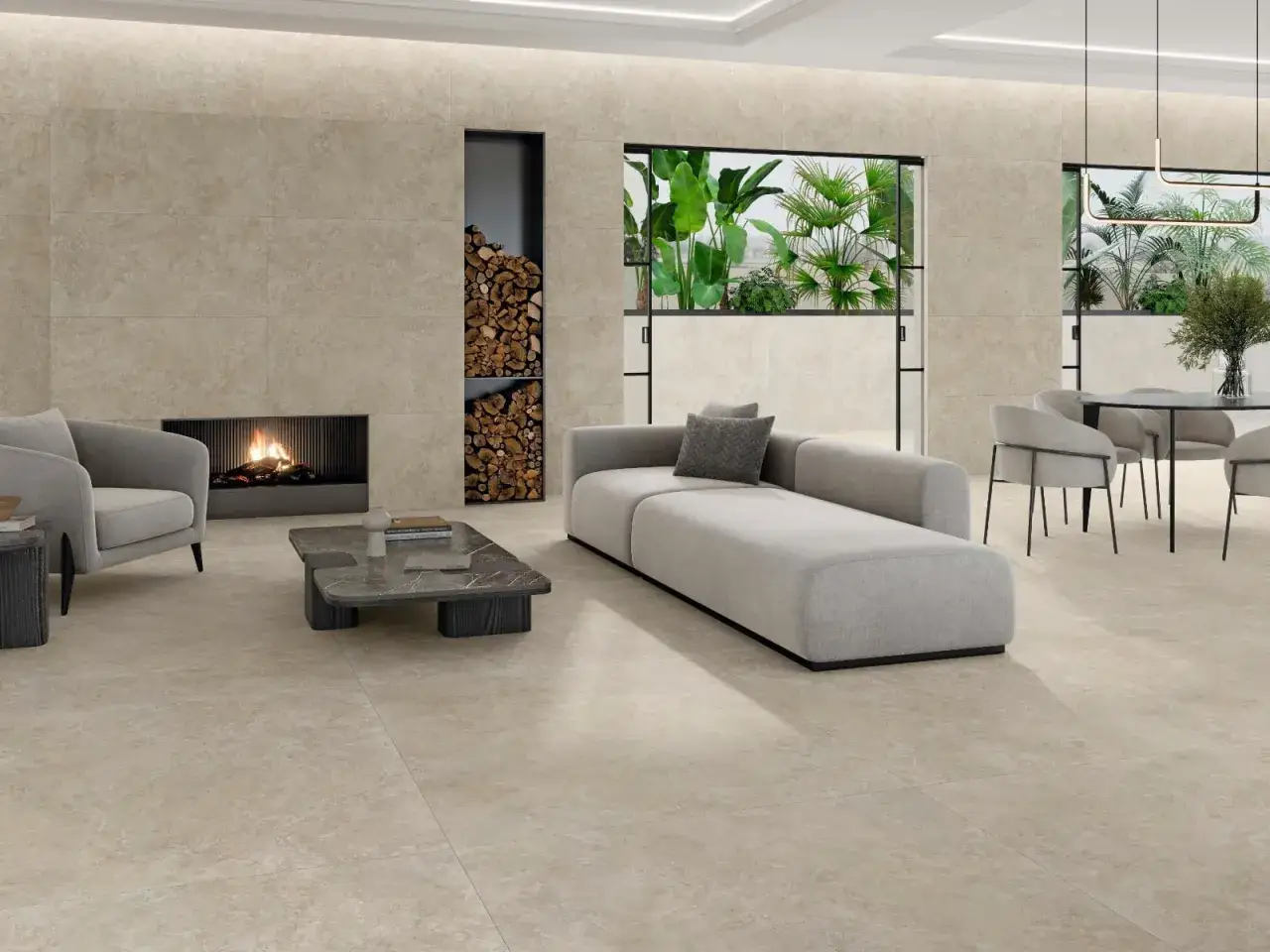 Elegante salón con chimenea y sofá gris, revestido con un sofisticado **mármol material** de tonos cálidos. Ventanales con exuberante vegetación.