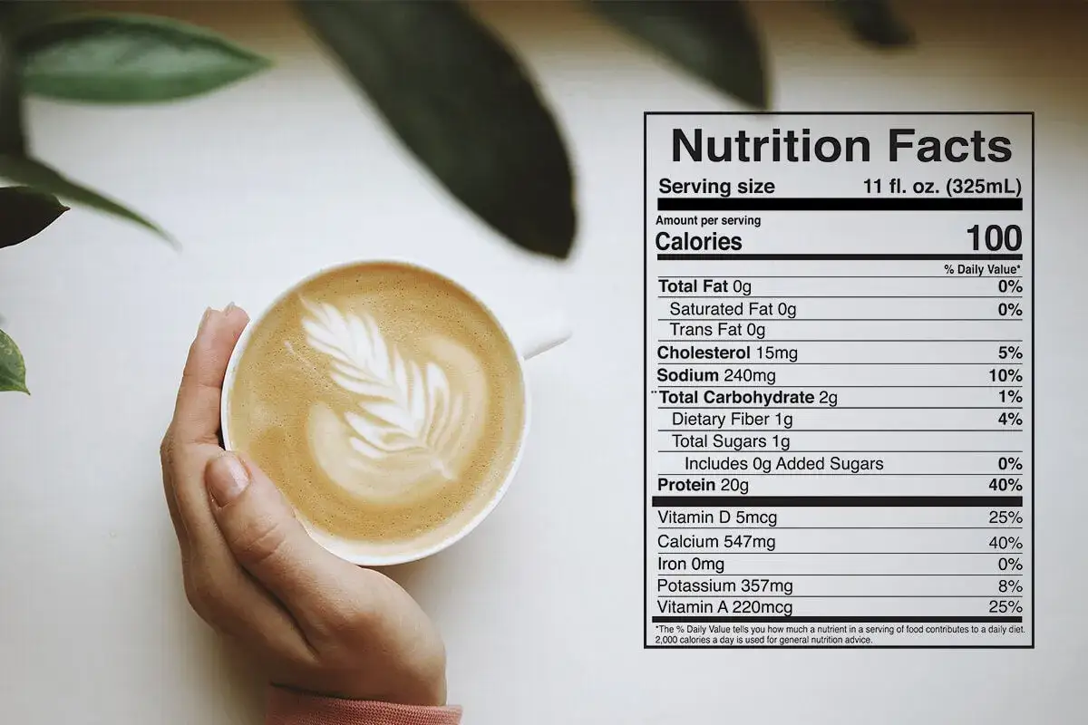 Dłoń trzyma filiżankę kawy flat white z pianką. Obok etykieta z informacją o wartościach odżywczych, wskazująca 100 kcal.