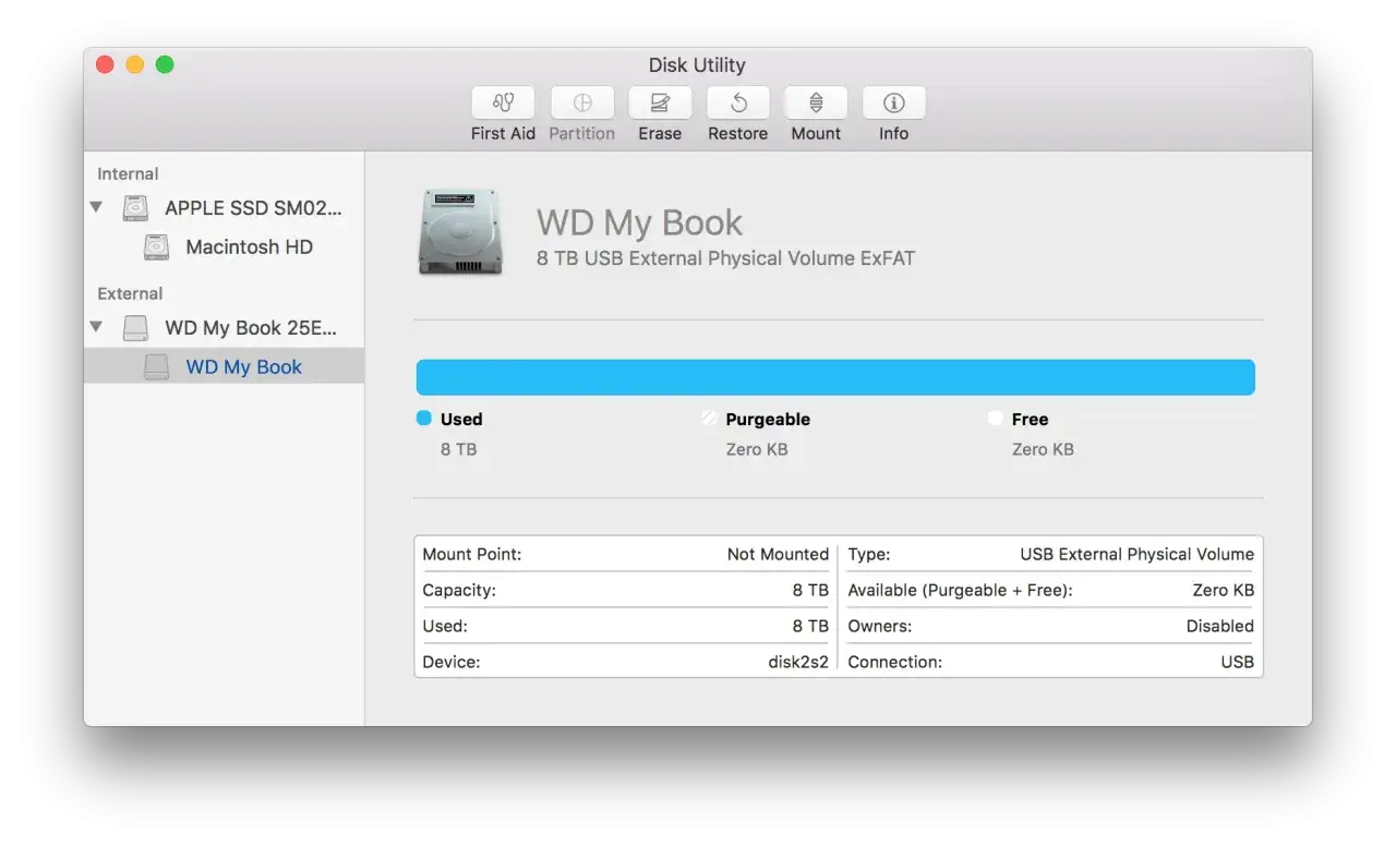 macOS Festplattendienstprogramm zeigt eine 8 TB WD My Book ExFAT-Festplatte, die voll ist.