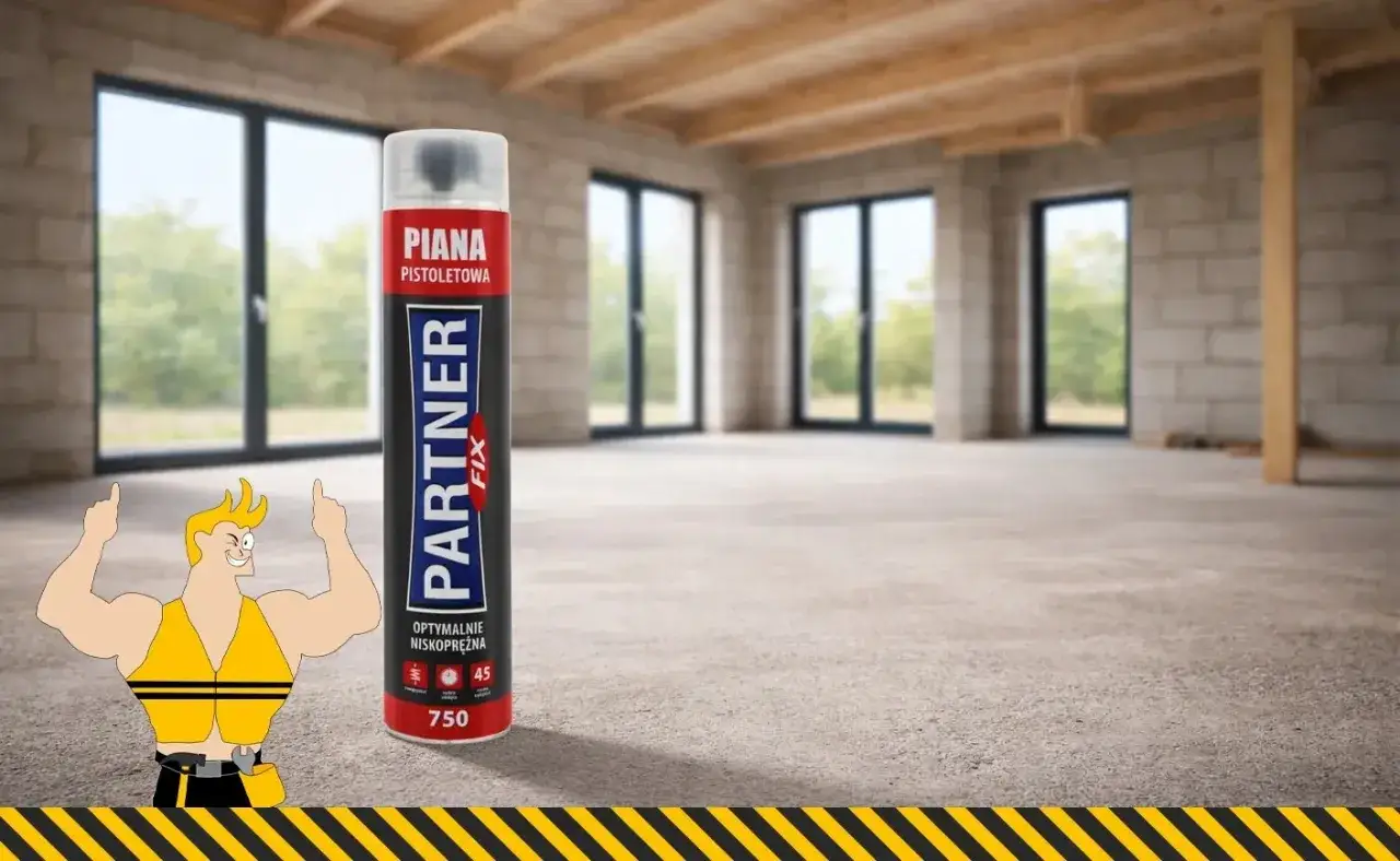 Pianka montażowa zimowa Partner Fix w puszce, obok uśmiechniętego budowlańca. Idealna do prac w niskich temperaturach.