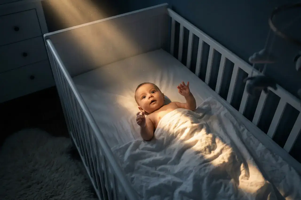Un bebé despierta en su cuna, iluminado por un rayo de sol. Parece que la siesta ha terminado y está listo para jugar.