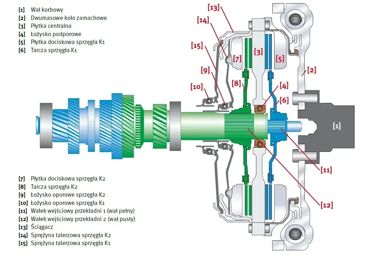 Schemat sprzęgła dwutarczowego. Problem ze sprzęgłem nie odbija może wynikać z uszkodzenia sprężyn talerzowych [14, 15] lub mechanizmu dociskowego.