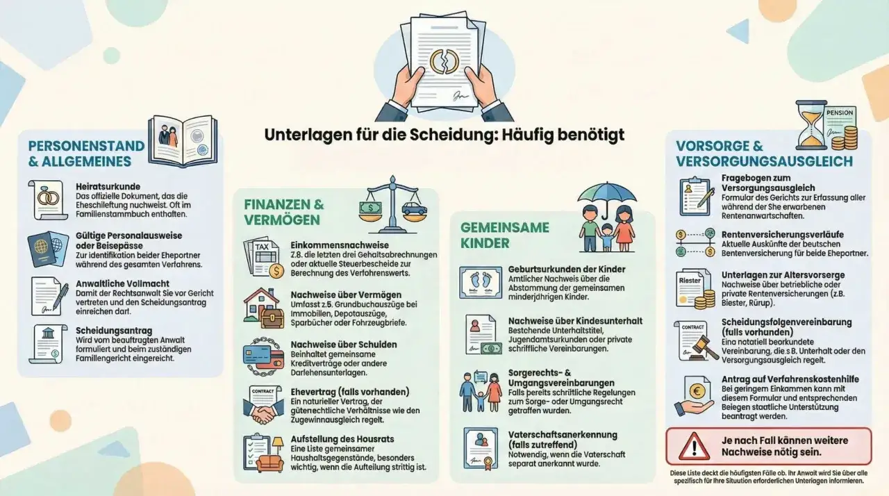 Infografik zeigt benötigte Unterlagen für Scheidung. Man kann sich ohne Anwalt scheiden lassen, wenn alle Dokumente vorliegen.