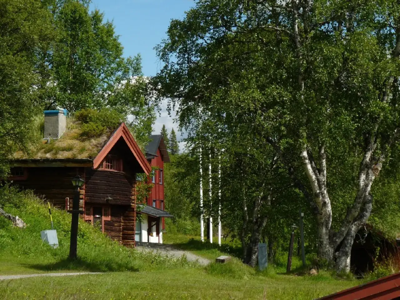 Mysigt boende i V&aring;l&aring;dalen med timmerhus och gr&ouml;nskande tak.