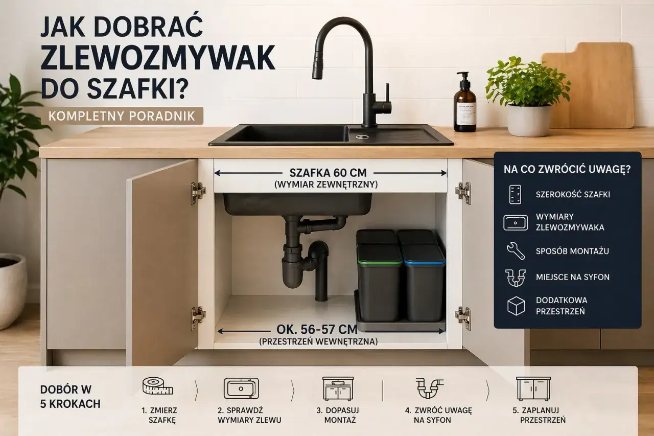 Poradnik: jak dobrać zlewozmywak do szafki. Wymiary zlewozmywaka i szafki (60 cm zewn., 56-57 cm wewn.) kluczowe dla dopasowania.