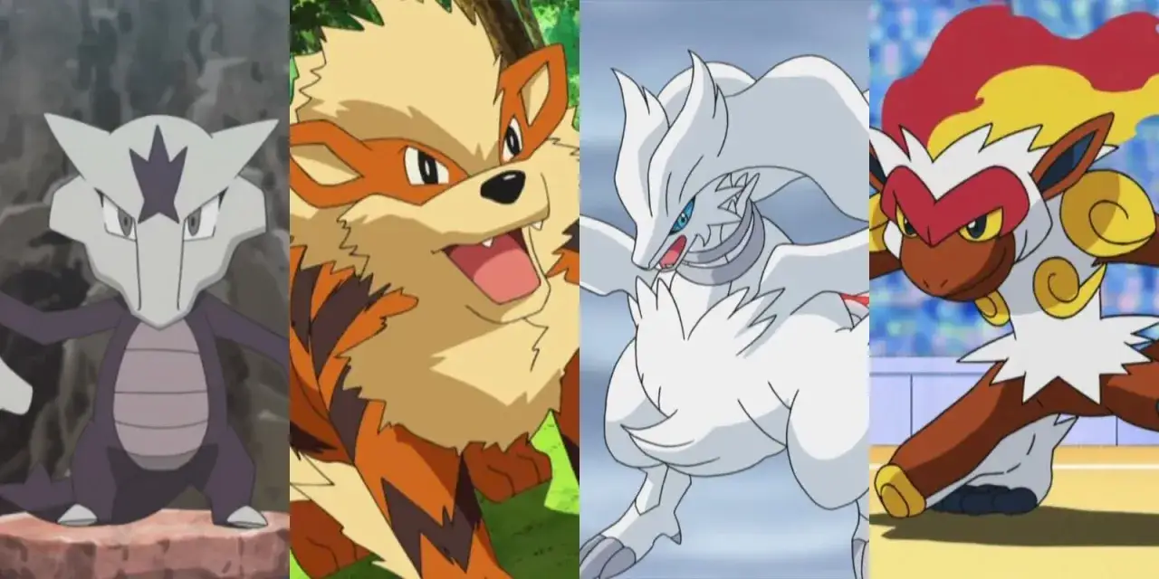 Cztery pokemony ogniste: Marowak, Arcanine, Reshiram i Infernape gotowe do walki.