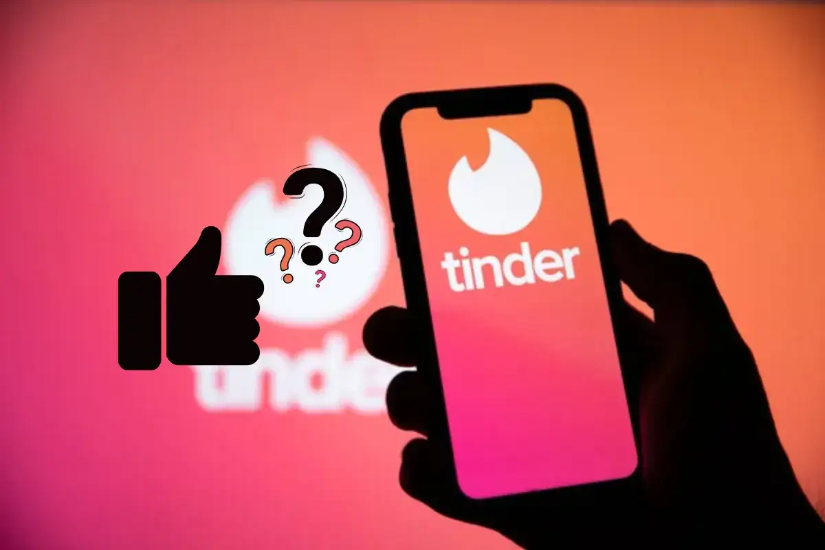 Kciuk w górę i znaki zapytania nad logo Tindera. Zastanawiasz się, tinder ile lajków dziennie?