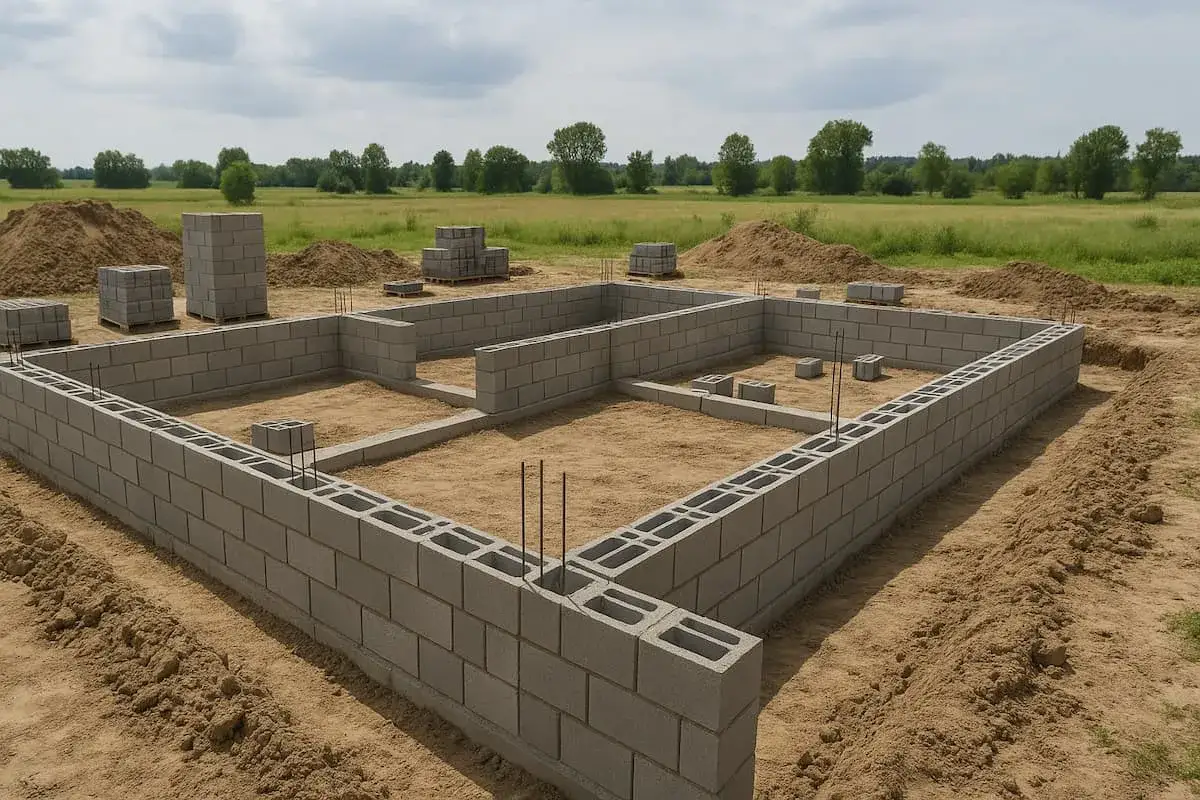 Fundament domu wzniesiony z bloczków zalewowych, otoczony usypaną ziemią. W tle zielone pola i drzewa.