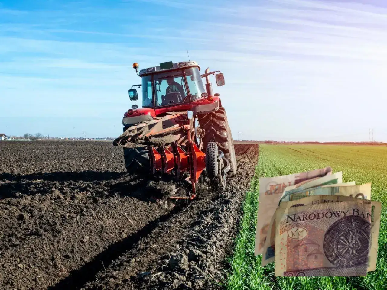 Czerwony traktor orze pole. Obok leżą polskie banknoty, sugerując pytanie: czy rolnicy płacą podatek od nieruchomości?