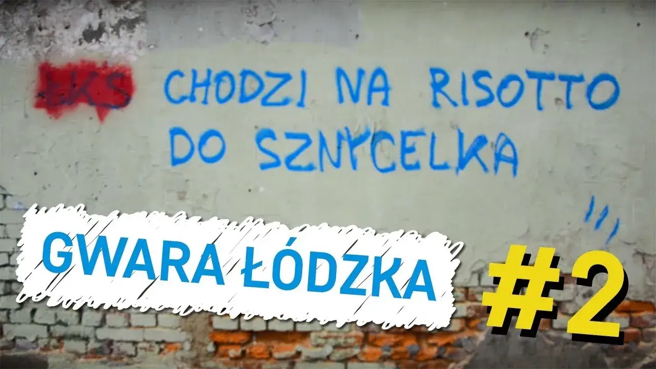 Gwara ł&oacute;dzka słowa na muralu lub gadżecie miejskim