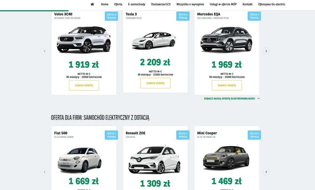 Atrakcyjne oferty wynajem długoterminowy samochodów elektrycznych: Volvo XC40, Tesla 3, Mercedes EQA, Fiat 500, Renault ZOE, Mini Cooper.