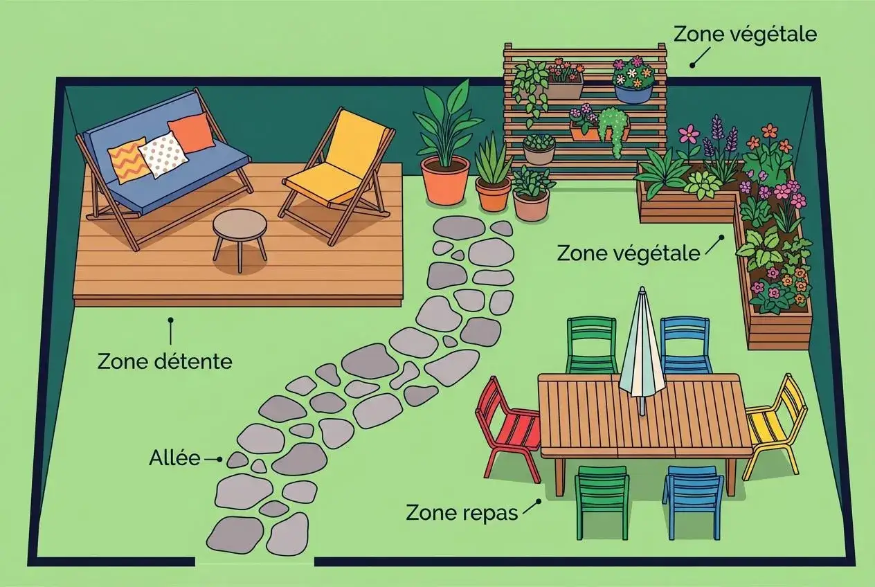 Plan potager 20m2 : espace détente sur deck, allée en pierres, zone repas et deux zones végétales avec plantes et fleurs.