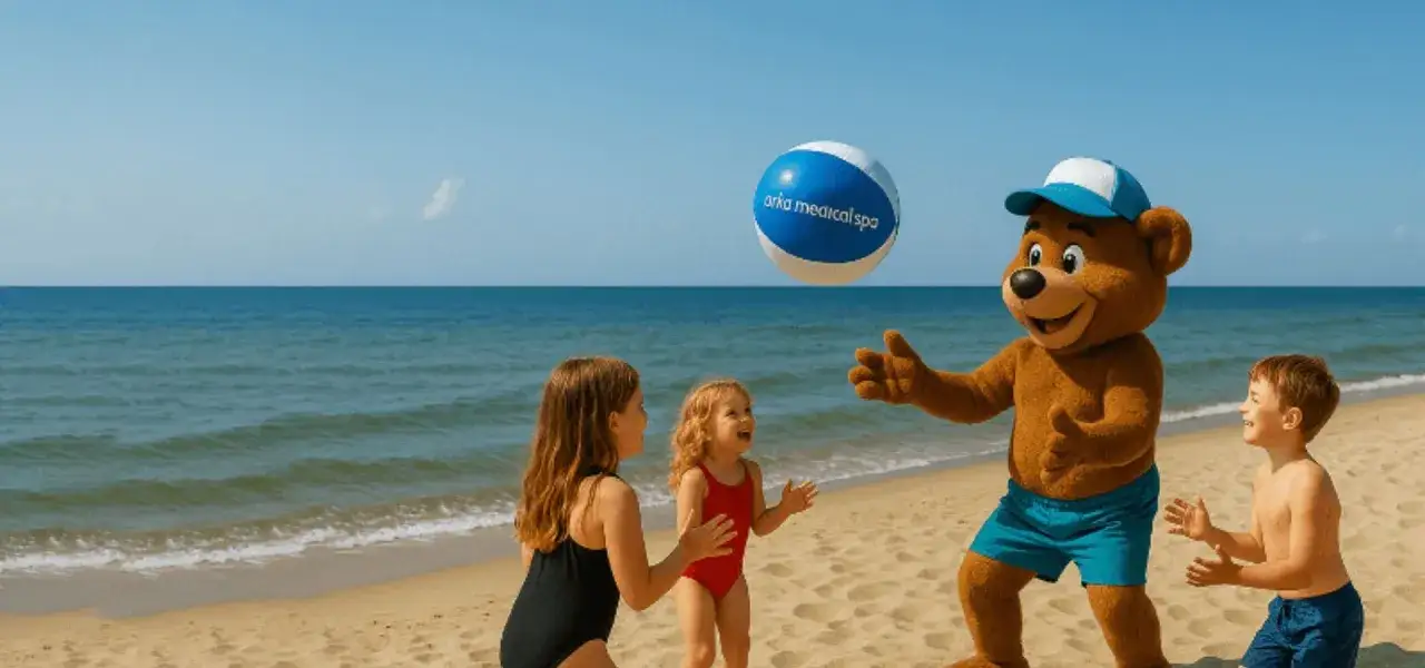 Wesołe dzieci i miś bawią się piłką na plaży w Kołobrzegu. Idealne miejsce na wczasy z wyżywieniem i mnóstwo atrakcji!